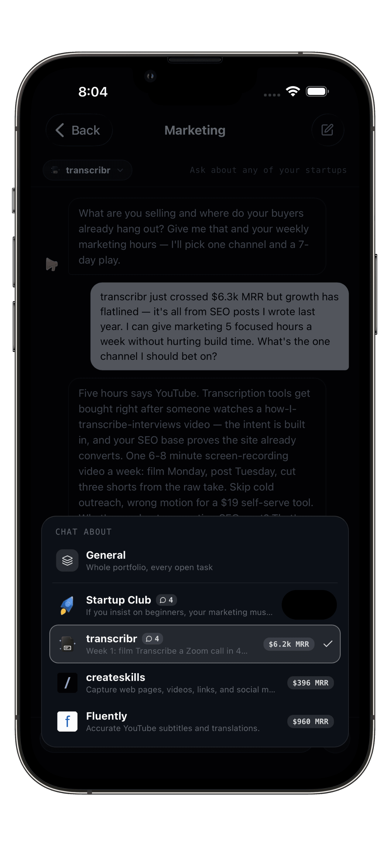 Startup Club AI coaches for idea validation, marketing, pricing, and launches