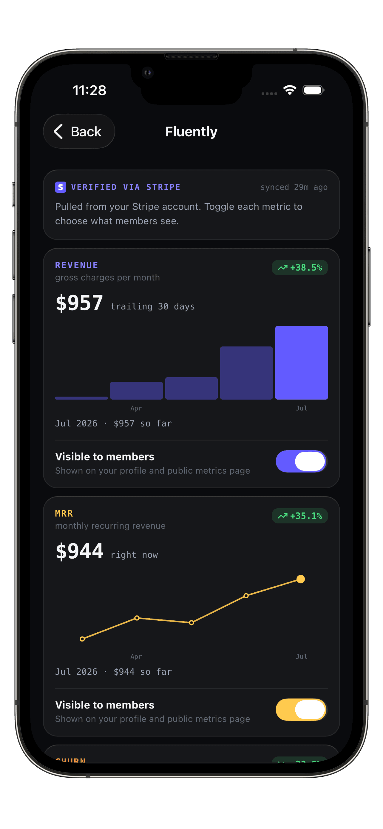Stripe-verified startup revenue metrics in Startup Club
