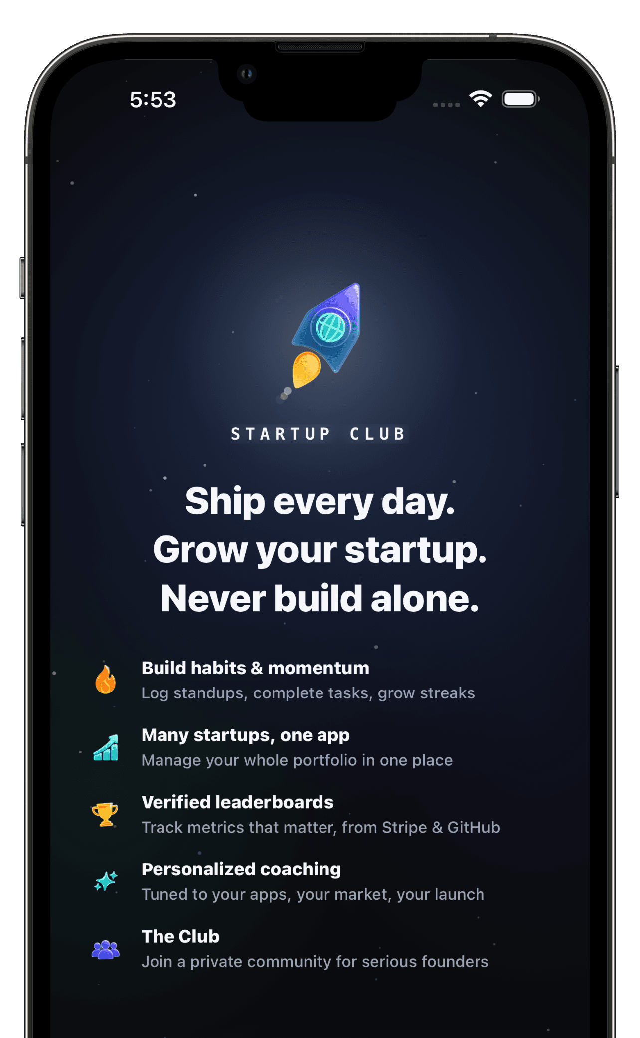 Startup Club welcome screen inside a cutoff iPhone mockup